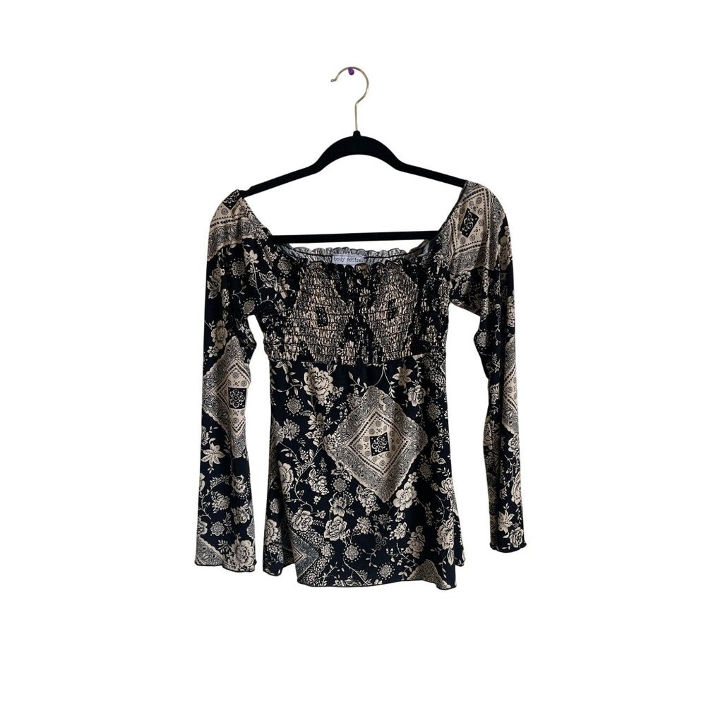 Body Central Black Cream Bandana Floral‎ Smocked Long Sleeve Top Size Small